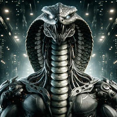 Primary subject: A robot with a snake head.

Setting/background: The robot is in a futuristic setting, surrounded by a cityscape.

Visual style: The image is a digital art or illustration.

Colors and mood: The robot has a silver and black color scheme, giving it a sleek and futuristic appearance. The overall atmosphere is one of advanced technology and intrigue.